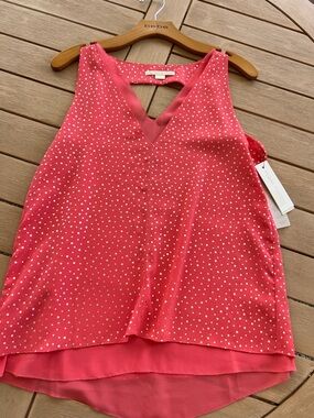 cooper & ella coral pink sleeveless top with gold polka dots